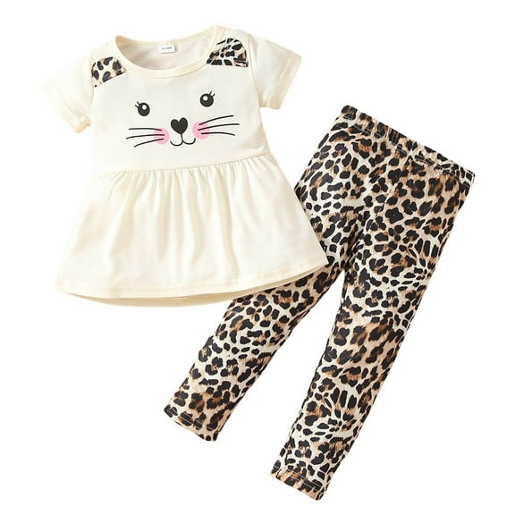 Afdoent Toddler Baby Girl Clothes Summer 2 Piece Outfit Cat Print Pullover With Leopard Pants & Asymmetrical Skirt Fashion Kids Clothing Set Clothes 2025 Cute Suit 12-24 Months