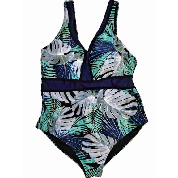 Womens Blue Philodendron Tropical Leaf One Piece Areca Palm Swimming Suit 22