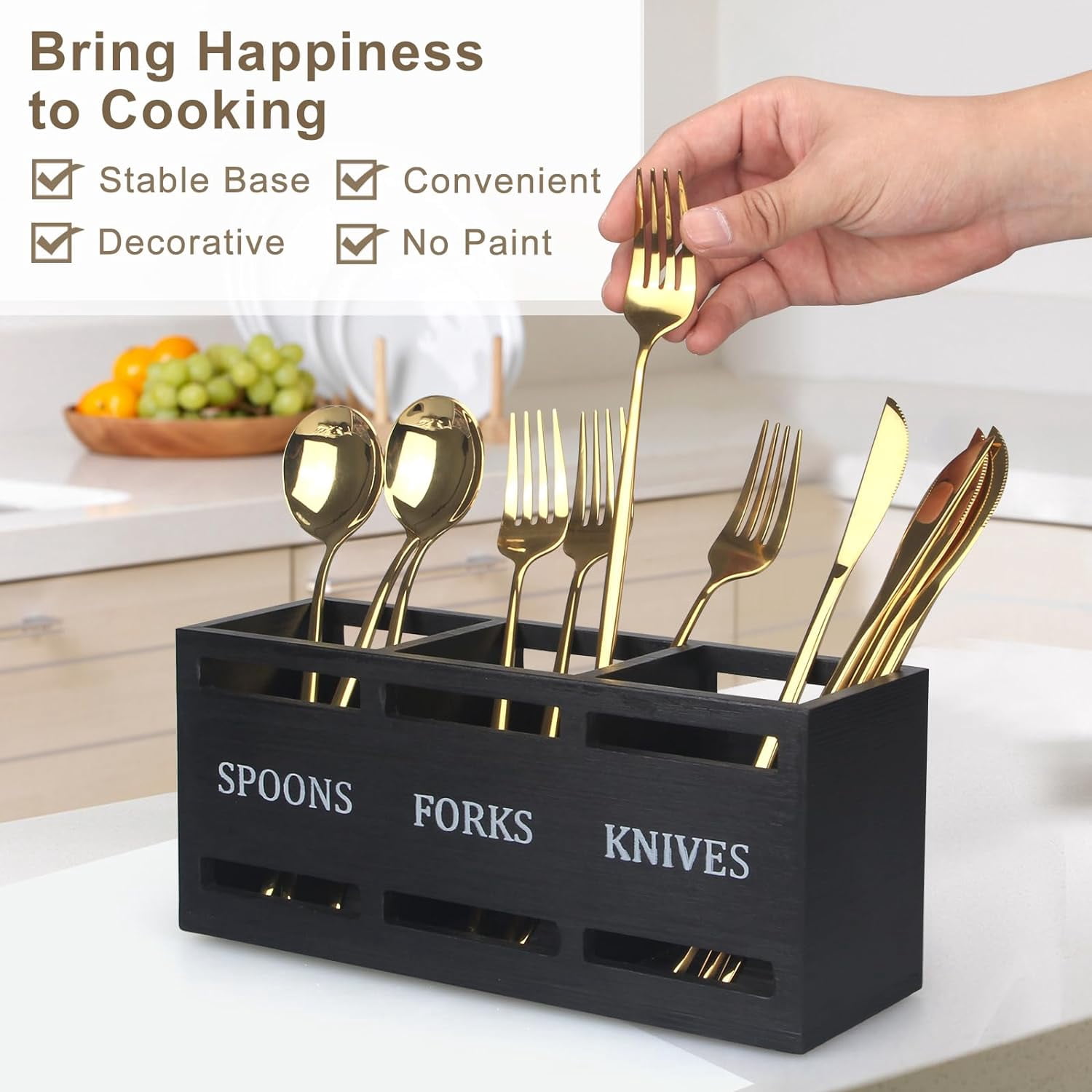 Wooden Silverware Caddy Flatware Cutlery Holder Wood Containers Small Black Kitchen Utensil Holder for Countertop Spoon and Fork Holder Flatware Utensils Caddy for Party