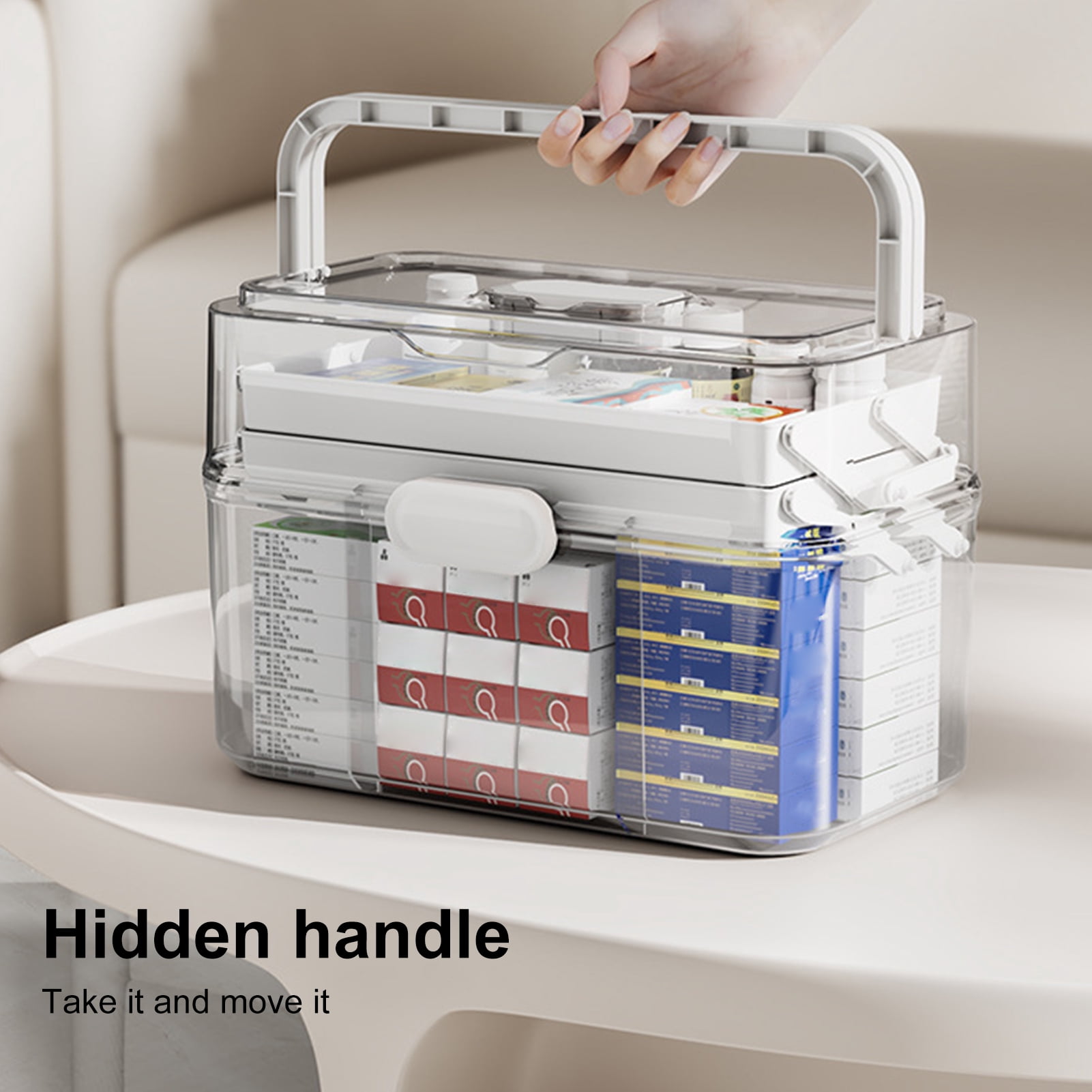 OIUR 3-Tier Portable Medicine Storage Box Large Capacity Dustproof Transparent Visual Design Multipurpose Pill Organizer