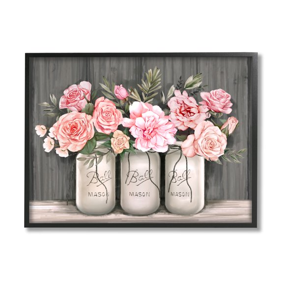 Stupell Industries Blossoming Pink Rose Bouquets Rustic Country Jars, 11 x 14, Designed by Ziwei Li