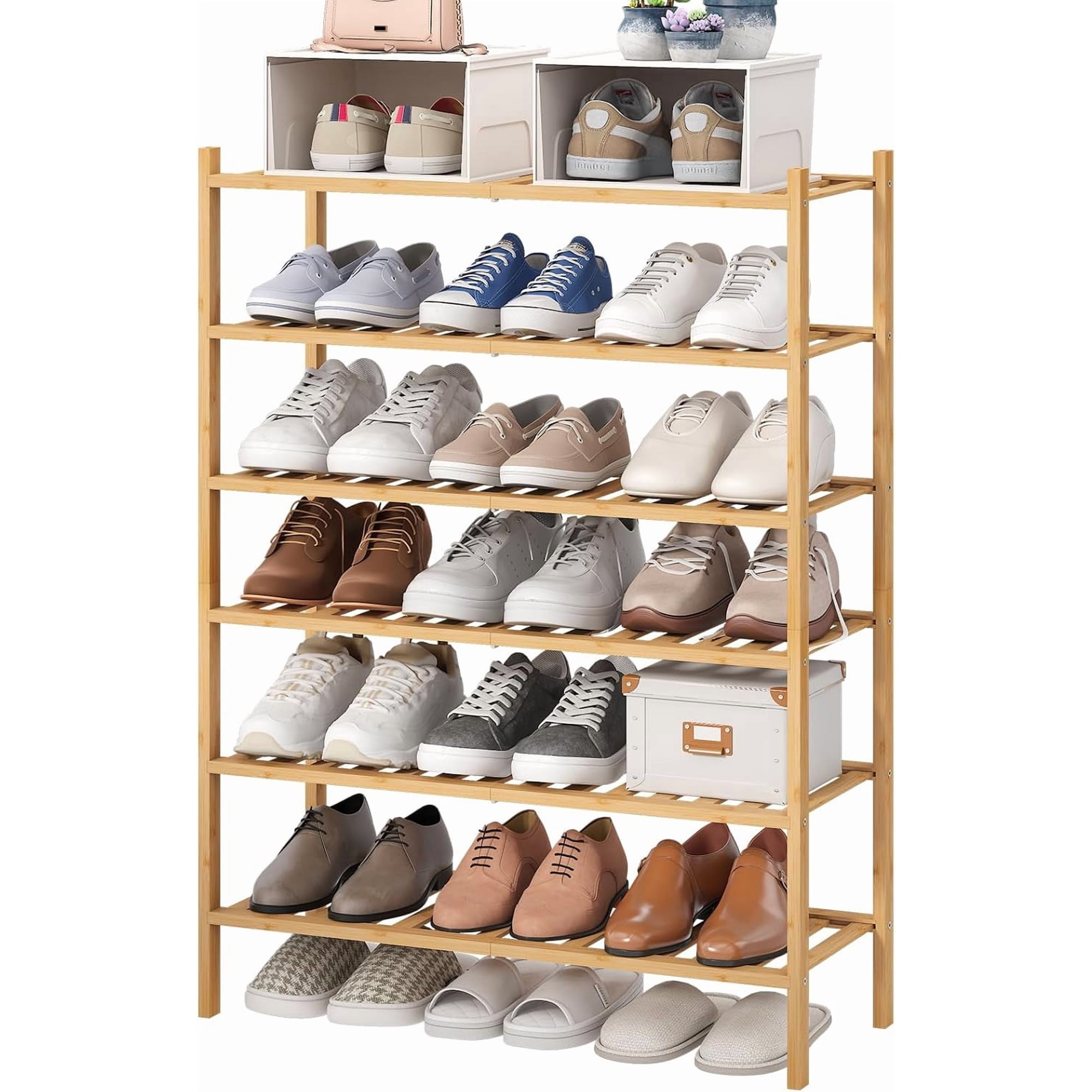 6-Tier Bamboo Shoe Rack for Entryway Stackable | Foldable | Natural Shoe Organizer for Hallway Closet Free Standing Shoe Racks for Indoor Outdoor
