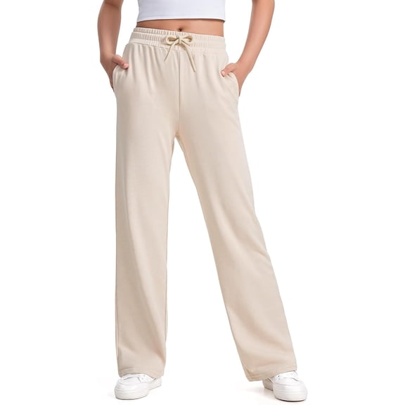 Ulitacool Girls Trousers High Waist Sweatpants Straight Leg Joggers Loose Fit Trousers Solid Color Athletic Pants Soft Wear Khaki 9-10 years