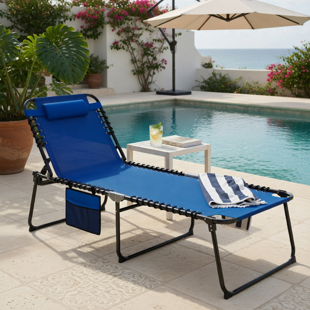 Hommoo 4-Position Adjustable Folding Chaise Lounge Chair, with Reinforced Steel Frame, Portable Sun Lounger for Poolside, Backyard & Camping, Navy Blue