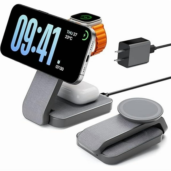 wonima06 3 in 1 Foldable Wireless Charging Station for MagSafe, Nightstand Magnetic Charger Stand for iPhone 17 16 15 14 Pro Max, Travel Charging Dock with Night Light for Apple Watch/AirPods (Gray)
