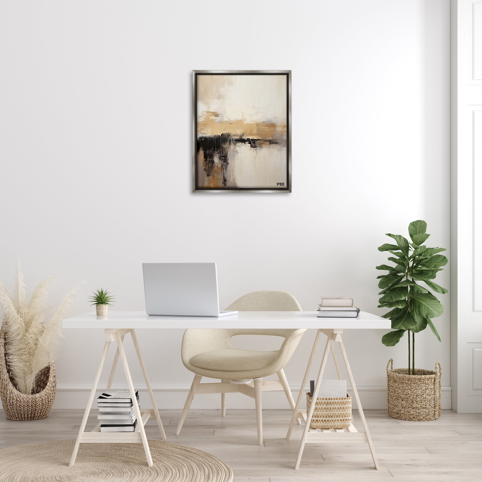 Stupell Industries Neutral Contemporary Horizon Abstract Painting Gray Floater Framed Canvas Art Print Wall Art, 25 x 31