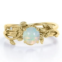 JeenMata 1 Carat Round Ethiopian Opal And Moissanite - 4 Prong Setting - Botanical Inspired Wedding Set - 18K Yellow Gold Plating Over Silver