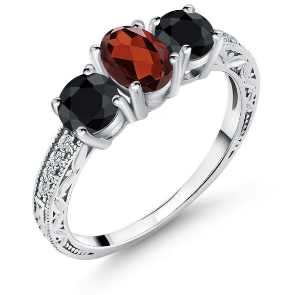 Gem Stone King 2.37 Ct Oval Red Garnet Black Sapphire 925 Sterling Silver Ring (Size 7)