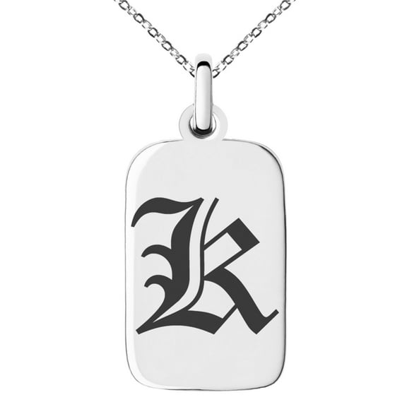 Stainless Steel Letter K Initial Old English Monogram Engraved Small Rectangle Dog Tag Charm Pendant Necklace