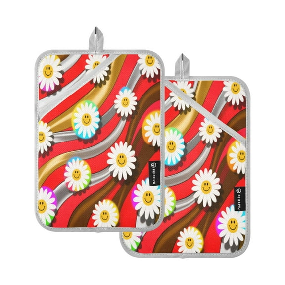 2Pack Heat-Resistant Quilted Cotton Potholders - Stylish Kitchen Grips for Hot Pots & Pans Ovens Daisies on Coffee Collision Background