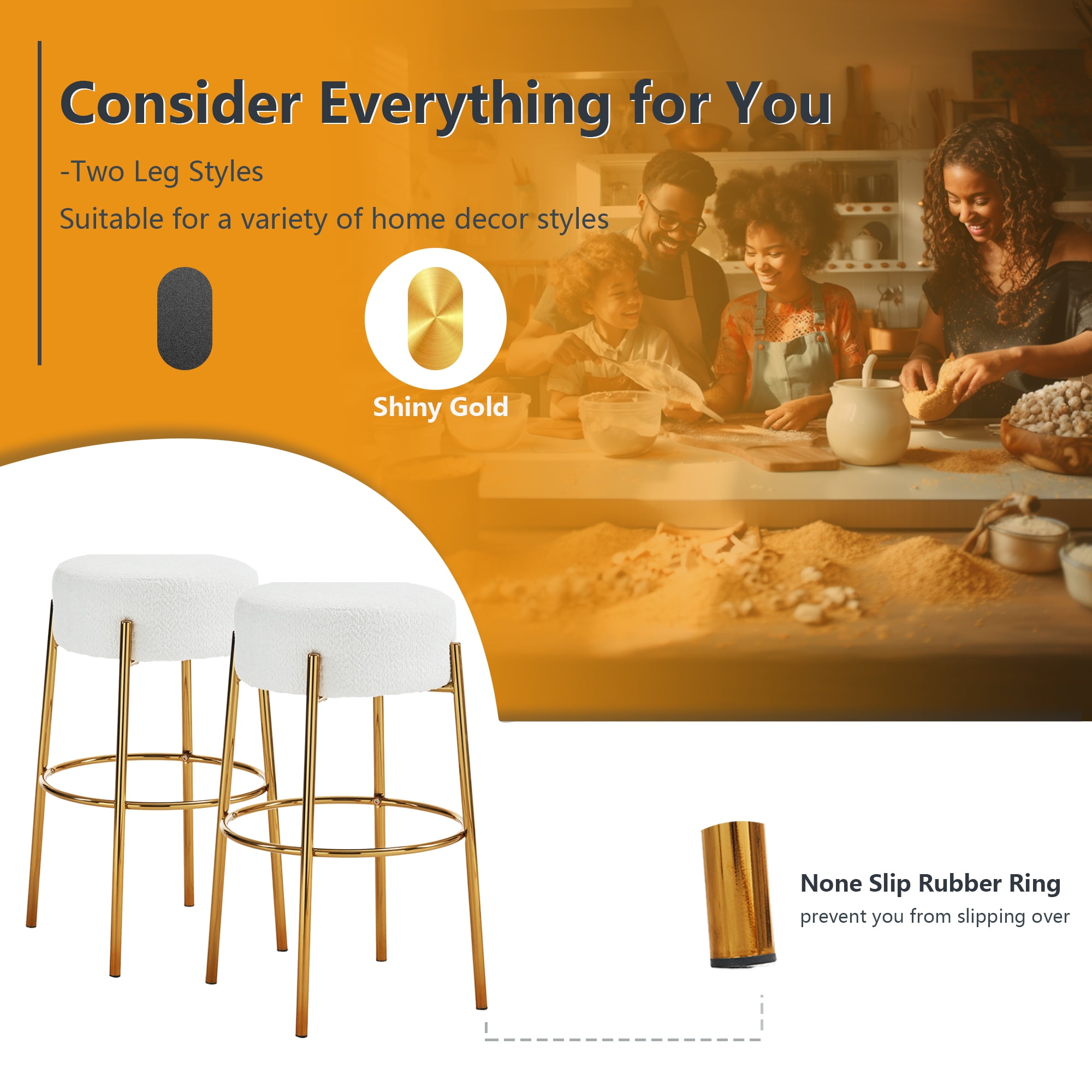 Miniyam Bar Height Bar Stools Set of 2,Boucle Kitchen Stools Upholstered Dining Chair Stools 30 Inch Height,White+Gold