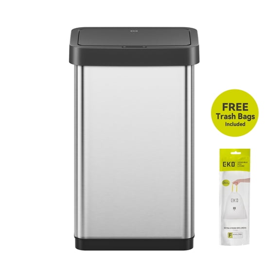 EKO Horizon Lite Kitchen Trash Can, 13.2 Gallon Brushed Stainless Steel Motion Sensor Garbage Bin, Silver with Sample Trash Bags Included