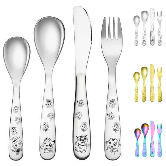 ReaNea Toddler Utensils Stainless Steel Kids Silverware Set Toddler Forks, Baby Spoons and Knife 4 Pieces