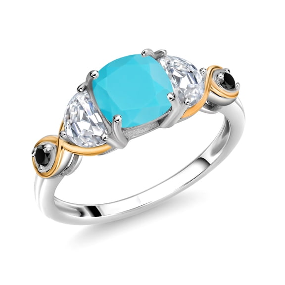 Gem Stone King 925 Silver and 10K Yellow Gold 3-Stone Ring Cushion Turquoise Half Moon Moissanite and Black Diamond (1.57 Carat Cttw) (Size 5)