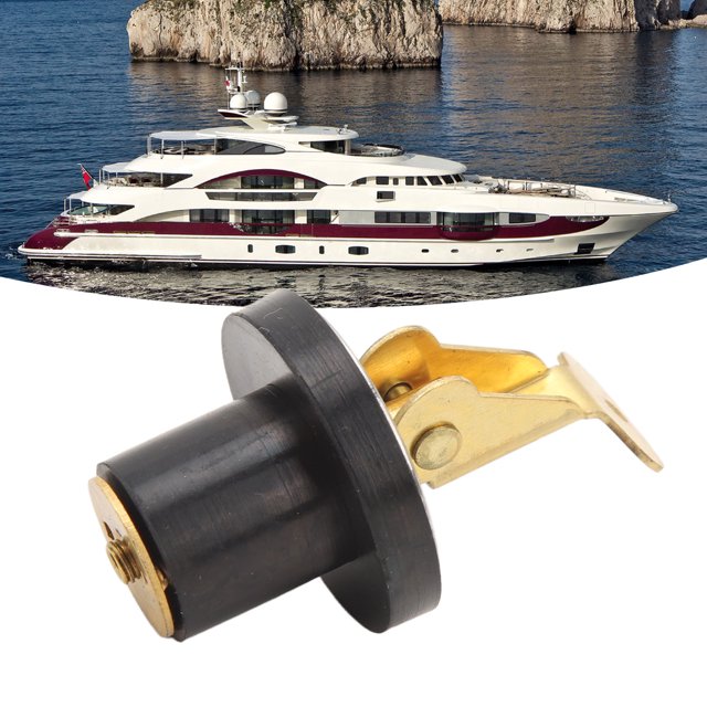 Boat Garboard Drain Plug made of brass, rubber, and stainless steel 304, featuring a strong sealing rubber seal for watertight performance. Designed for marine sinks, beams, and baitwells, this durable and rustproof plug is ideal for offshore operations or as a spare drain plug. The image shows a close-up of the black and brass plug with a yacht in the background.