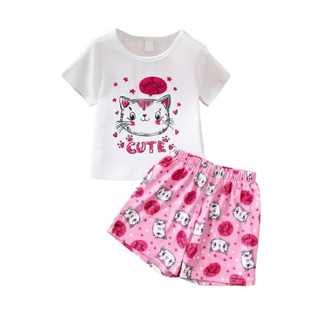 

Infant Baby Girls Clothes 4Y Toddler Girls Summer Short Outfit Sets 5Y Short Sleeve Cat Tops Elastic Shorts 2PCS Set Pink