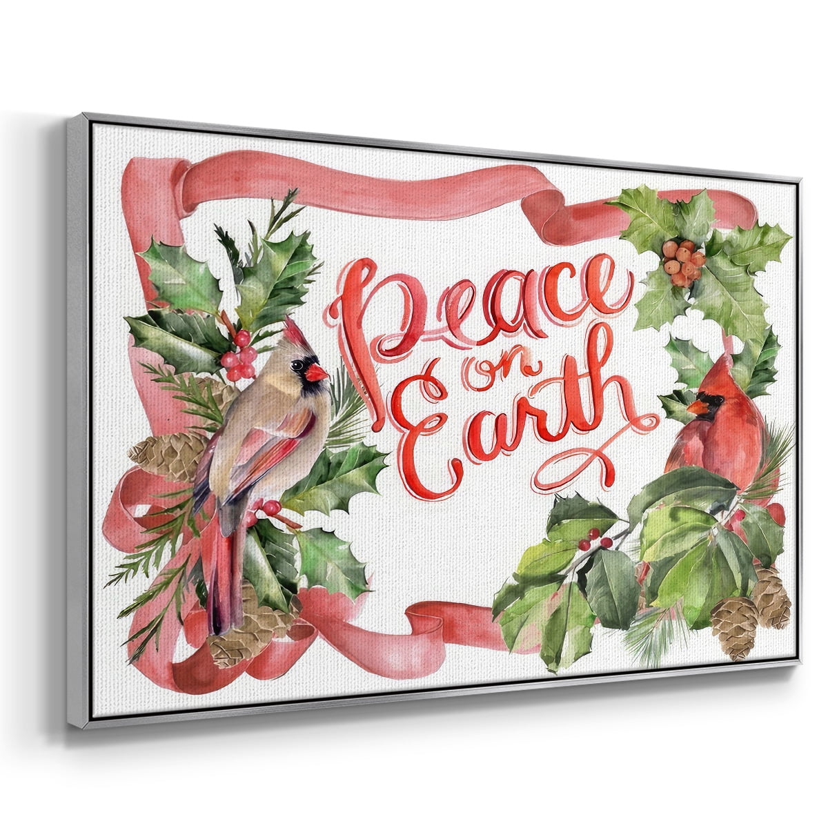 Cardinal Holly Christmas Collection A - Framed Gallery Wrapped Holiday Canvas - 25 x 37 - Silver Frame