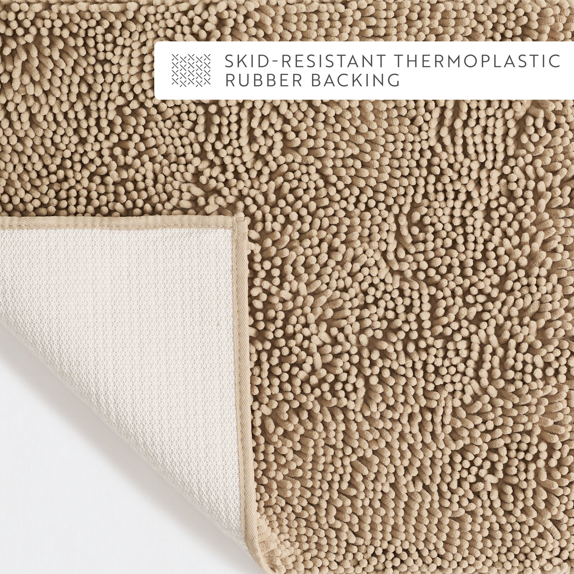 Soft Absorbent Chenille Bath Mat Rug with Anti-Skid Rubber Backing, 34 x 21, Tan, by Noble Linens