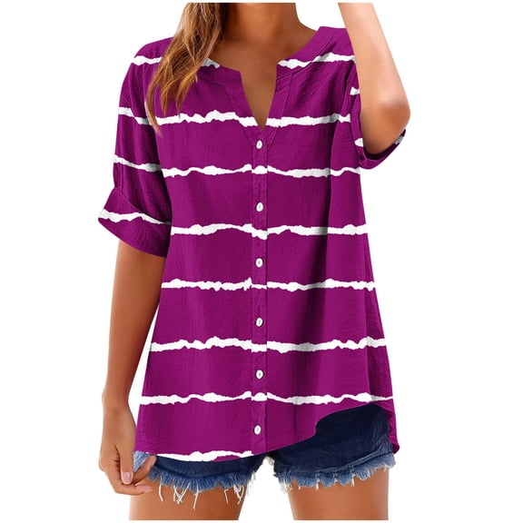 Khunlpohl Womens Striped Tops Cotton Linen Short Sleeve Baggy Top Button down Casual V Neck Blouse Shirts