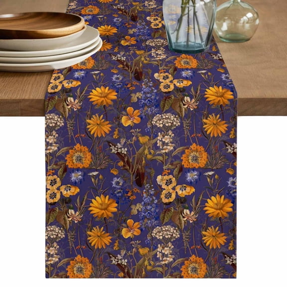 Table Runner 108 Inches Long for Kitchen Dining, Orange Purple Spring Floral Dresser Scarf Farmhouse, Dining Table Decorations for Wedding/Parties, Vintage Botanical Summer Flower 13 x 108 In