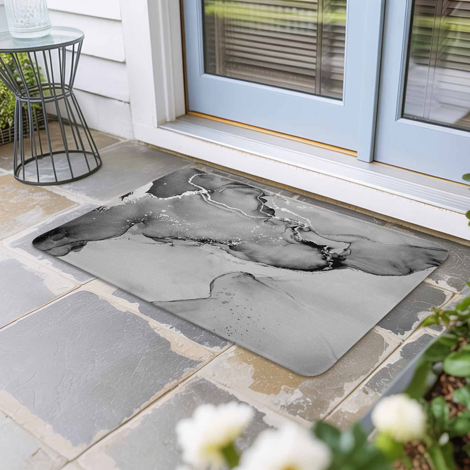 Marble Grey Doormat Outdoor Entrance 18"x30", Modern Abstract Ink Painting Luxury Absorb Moisture Dirt Door Mats, Non-Slip Rubber Backing Floor Mats Indoor, Low-Profile Front Door Rugs