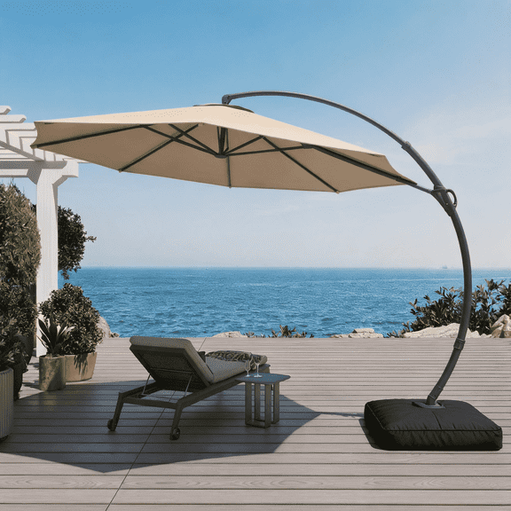 LAUSAINT HOME 11 FT Outdoor Patio Umbrella with Base, Aluminum Cantilever Umbrella with Crank, Champagne