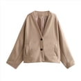 thumbnail image 3 of Chaqueta Corta de Mezcla de Lana para Mujer, de Larga, Cuello en V, Botones, Abrigo de Otoño con Bolsillos. Camello L, 3 of 7