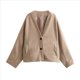 thumbnail image 3 of Chaqueta Corta de Mezcla de Lana para Mujer, de Larga, Cuello en V, Botones, Abrigo de Otoño con Bolsillos. Camello S, 3 of 7