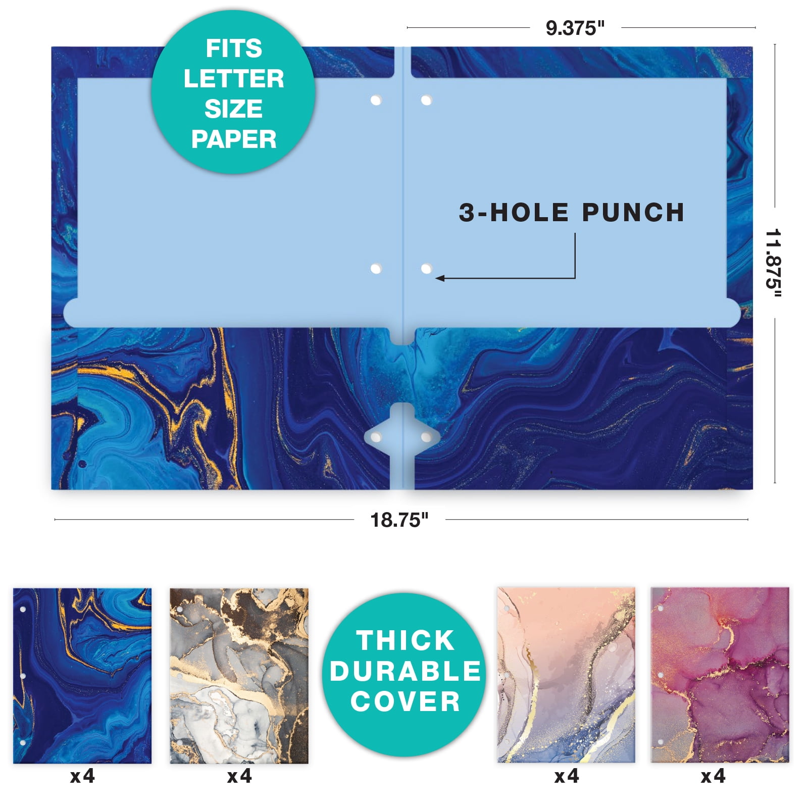 Global Printed Products Deluxe Designer Pocket Folders, Letter Size, 3-hole Punched, 4 Patterns, 16/pk (Marble)