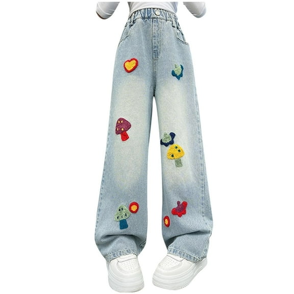 ZACPNCV Girls Jeans Baggy Wide Leg Ripped Denim Pants Heart & Flower Print High Elastic Waisted Skater Jeans Blue 14-15 Years