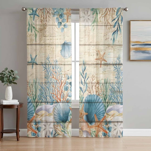 Vintage Beige Coastal Sheer Curtains 72 Inch Length 2 Panels Set Window Treatments, Summer Beach Starfish Shell Coral Nautical Rod Pocket Semi Curtains for Living Room/Bedroom/Kitchen, 104"W x 72"L