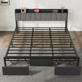thumbnail image 4 of King Size Platform Bed Frame with Upholstered Headboard and 2 Storage Drawers – Charging Station & USB Ports – Sturdy Black Metal – No Box Spring Needed – Easy Assembly, 4 of 7
