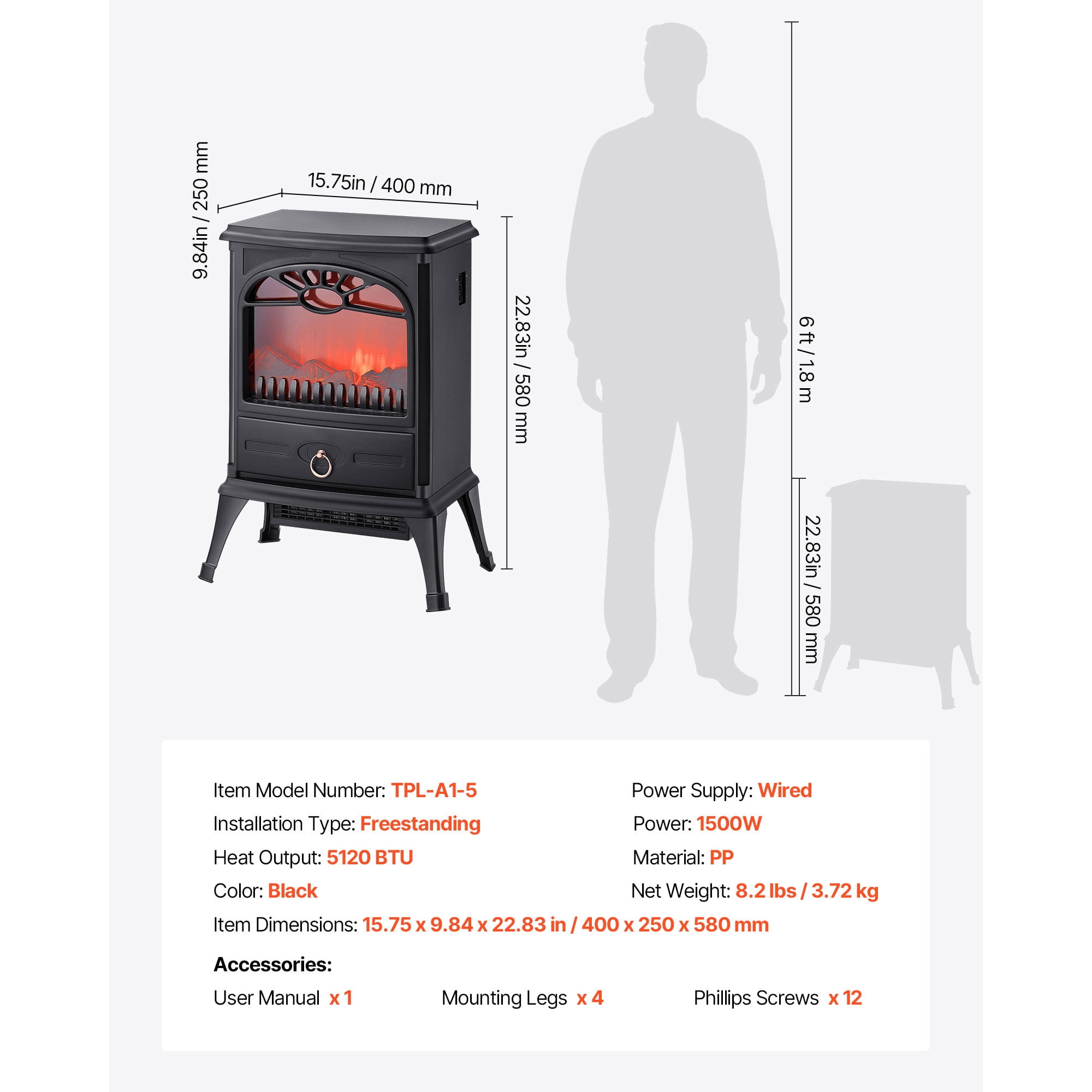 KFFKFF 22.8-Inch Freestanding Electric Fireplace Heater, 1500W 5120BTU Portable Stove with Overheat Protection, Realistic Flame Effect, Ideal for Living Room, Bedroom, Study, and Dining Room, Black