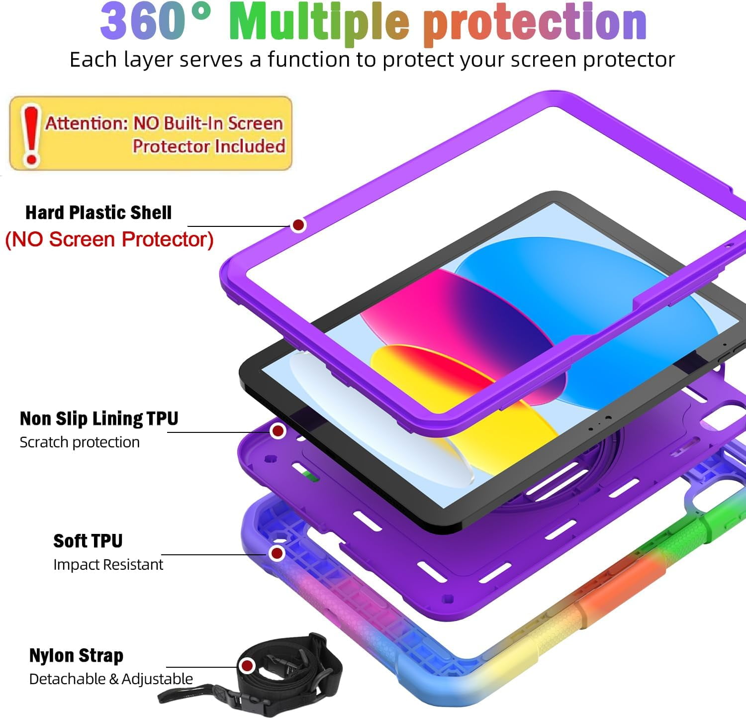 BMOUO Case for iPad (A16) 11th Generation 11" 2025/iPad 10th Generation 10.9 inch 2022, 360 Rotating Stand & Pencil Holder & Hand & Shoulder Strap Shockproof iPad 11th/10th Generation Case, Purple