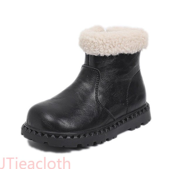 JTieacloth Children's Winter New Warm Girls' Leather Shoes Thickened Two Shoes Large Children's Leather Boots,Outdoor Warm Boots Black