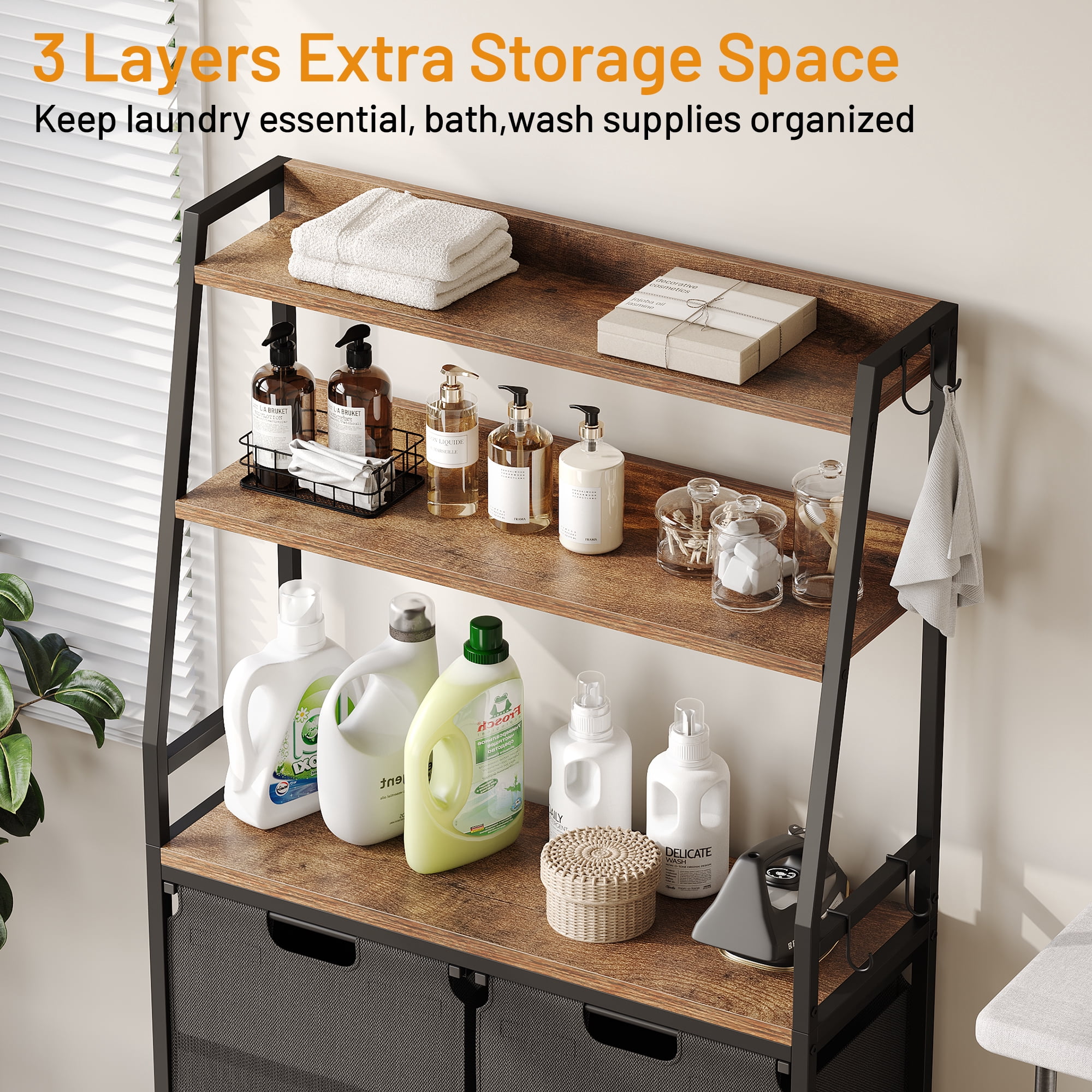 Laintene 2-Section Laundry Hamper – 170L Freestanding Laundry Sorter with 3 Shelves, 4 Hooks & Removable Washable Bags – Space-Saving Laundry Organizer for Bathroom, Dorm, or Bedroom