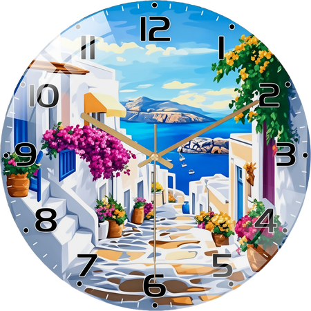 12 Inch Mediterranean Street Glass Round Silent Hanging Wall Clock, Suitable For Living Room,Office,Study Room,Bedroom, Home Decoration. (No Battery) 30cm Style 12×12inch(30×30cm)