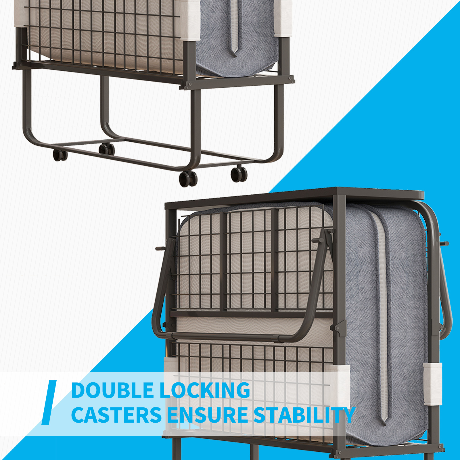 Mjkone Folding Bed with Mattress, Fold Up Bed for Small Space, Foldable Bed with Lockable Wheels