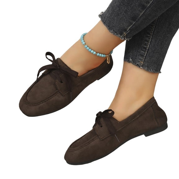 Women Lace Up Suede Loafers, British Style Soft Flat Walking Shoes Non Slip Low Sole