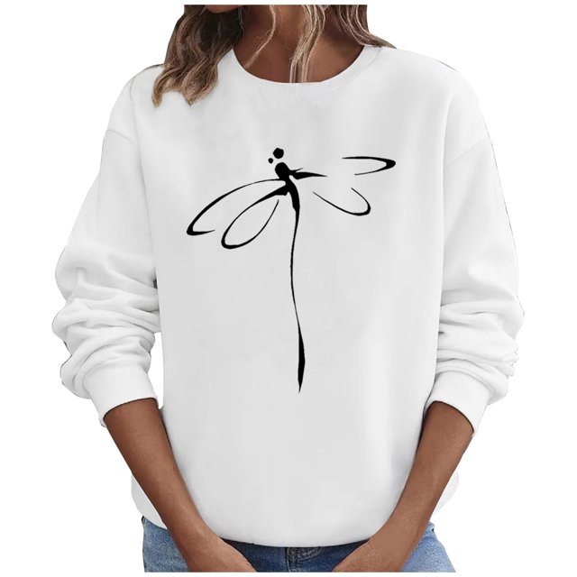 Penkiiy Blouses pour Femmes Hauts d'Automne Manches Longues Chandail Ample Chemise Décontractée Imprimé Poitrine Col Rond Chandails en Molleton Blanc Vêtements Y2K