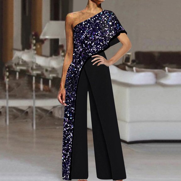 Aayomet Jumpsuit For Women Women's Printed Slant Shouldered Short Sleeved Pants,Black XXL