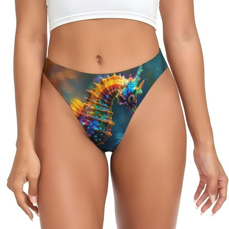 Qokaie Neon Seahorse Underwater Realm Printed Women s Cotton Thong Underwear  Sexy Breathable Panties G-string-Small