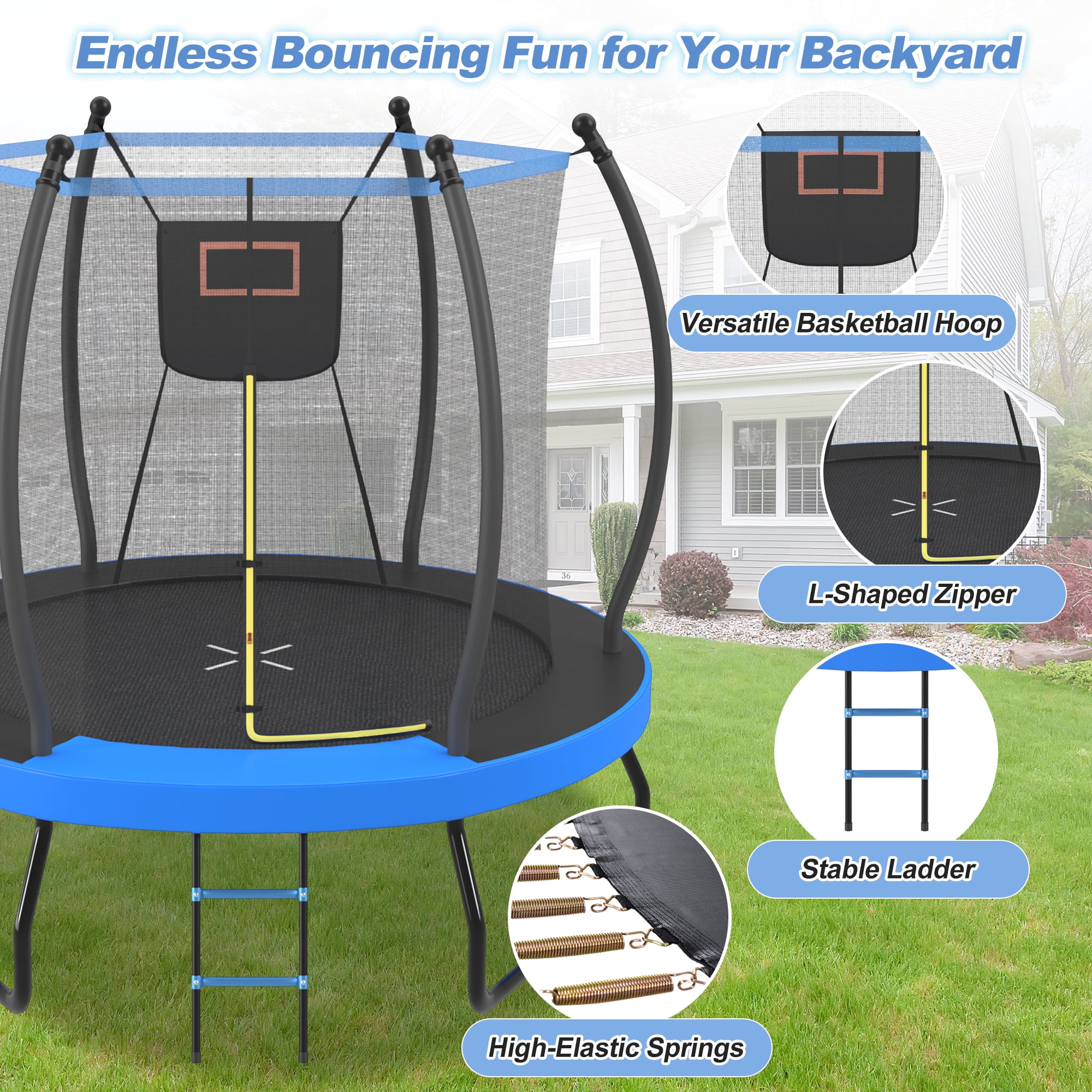 EUROCO 8FT Trampoline with Basketball Hoop & Ladder, Outdoor Trampoline for Kids