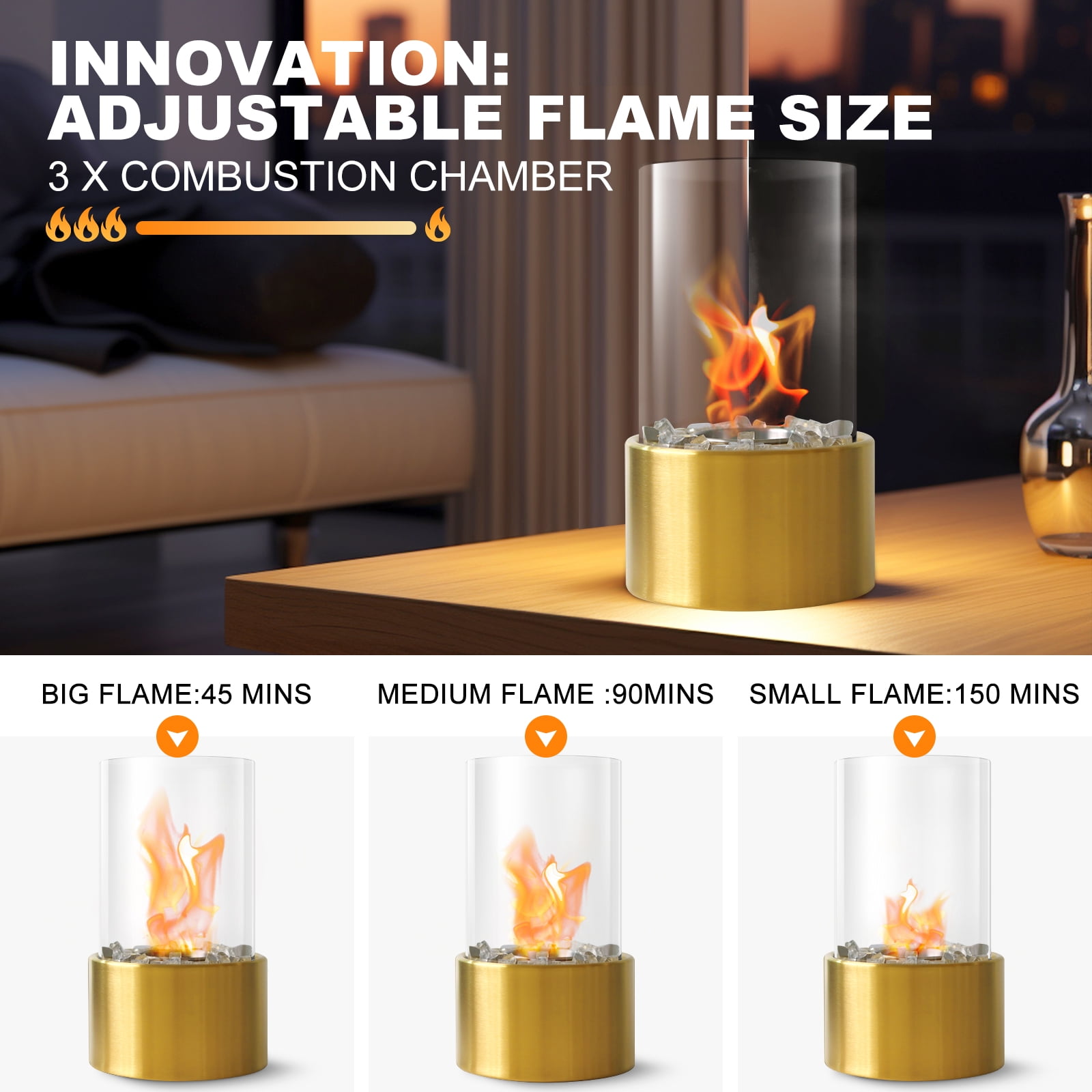Tabletop Fire Pit-Safer Burning with Windproof Borosilicate Glass Metal Round Fireplace,Home Decor, Gift for Houswarmings, Parties and Weddings-Gold
