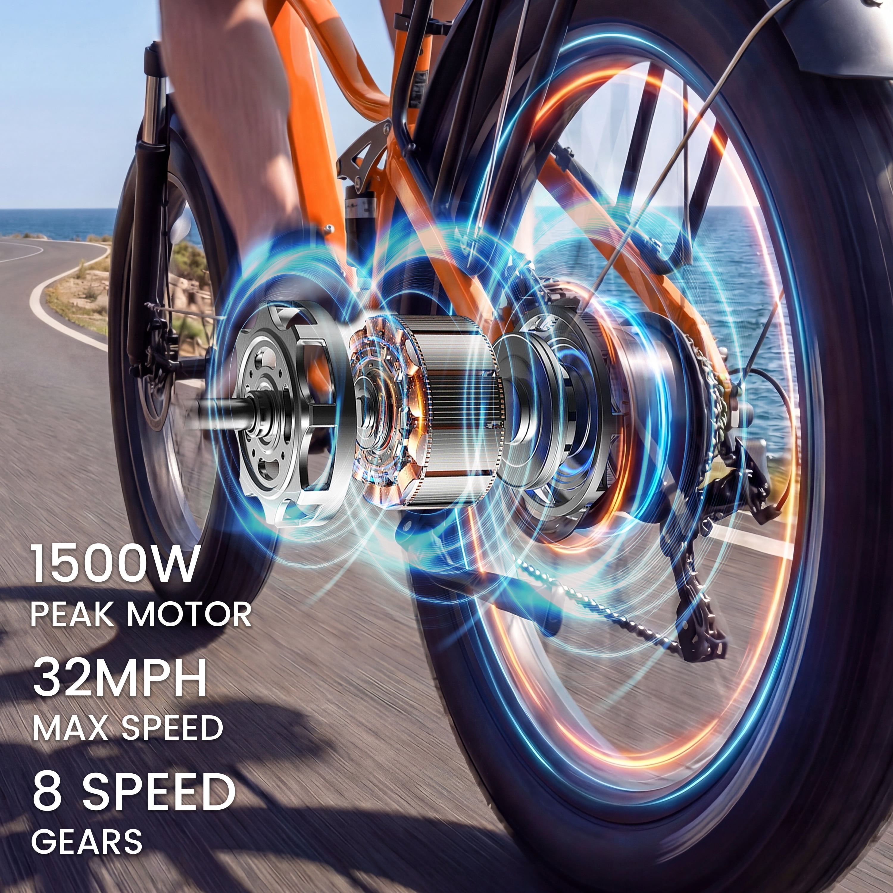 ESKUTE C300 Electric Bike for Adults, 1500W Peak Motor, 32MPH Fast Ebike, 48V 20.8Ah Battery Up to 80 Miles, 26"x4.0" Fat Tire, Full Suspension, 8-Speed Orange, With Bag & Lock & Front Basket, UL2849