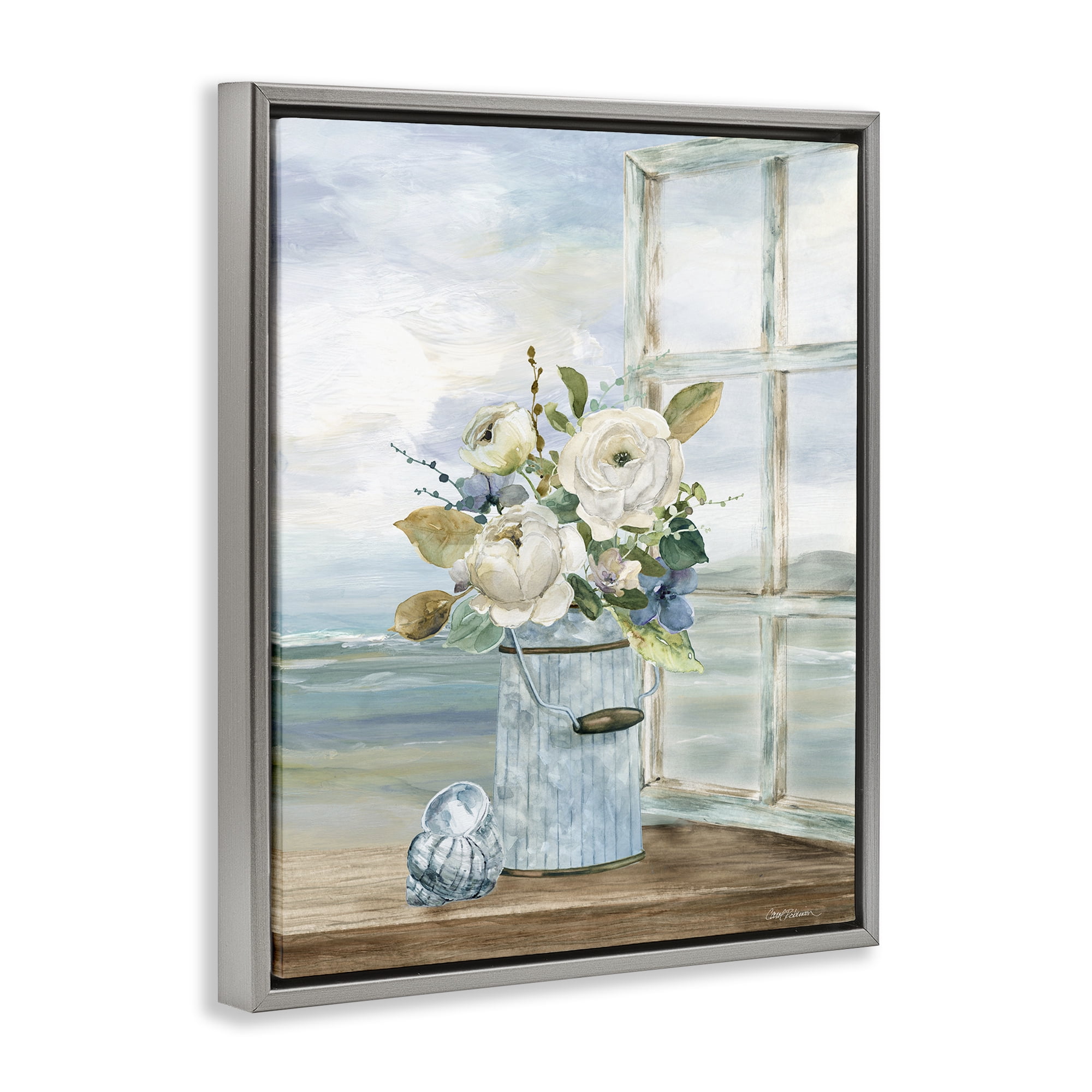 Stupell Industries Seaside Florals on Windowsill Gray Framed Floater Canvas Wall Art, design by Carol Robinson