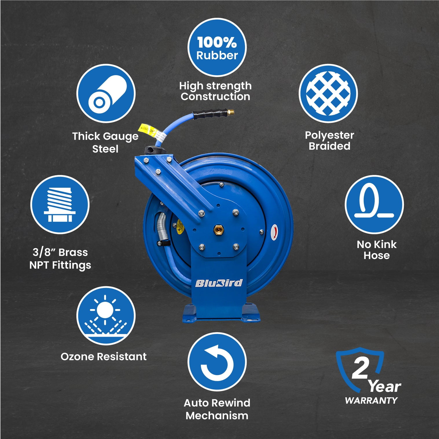 BluBird 3/8" x 50' Retractable Dual Arm Air Hose Reel, 300 PSI Rubber Hose, Heavy-Duty Steel, Commercial & Industrial Use