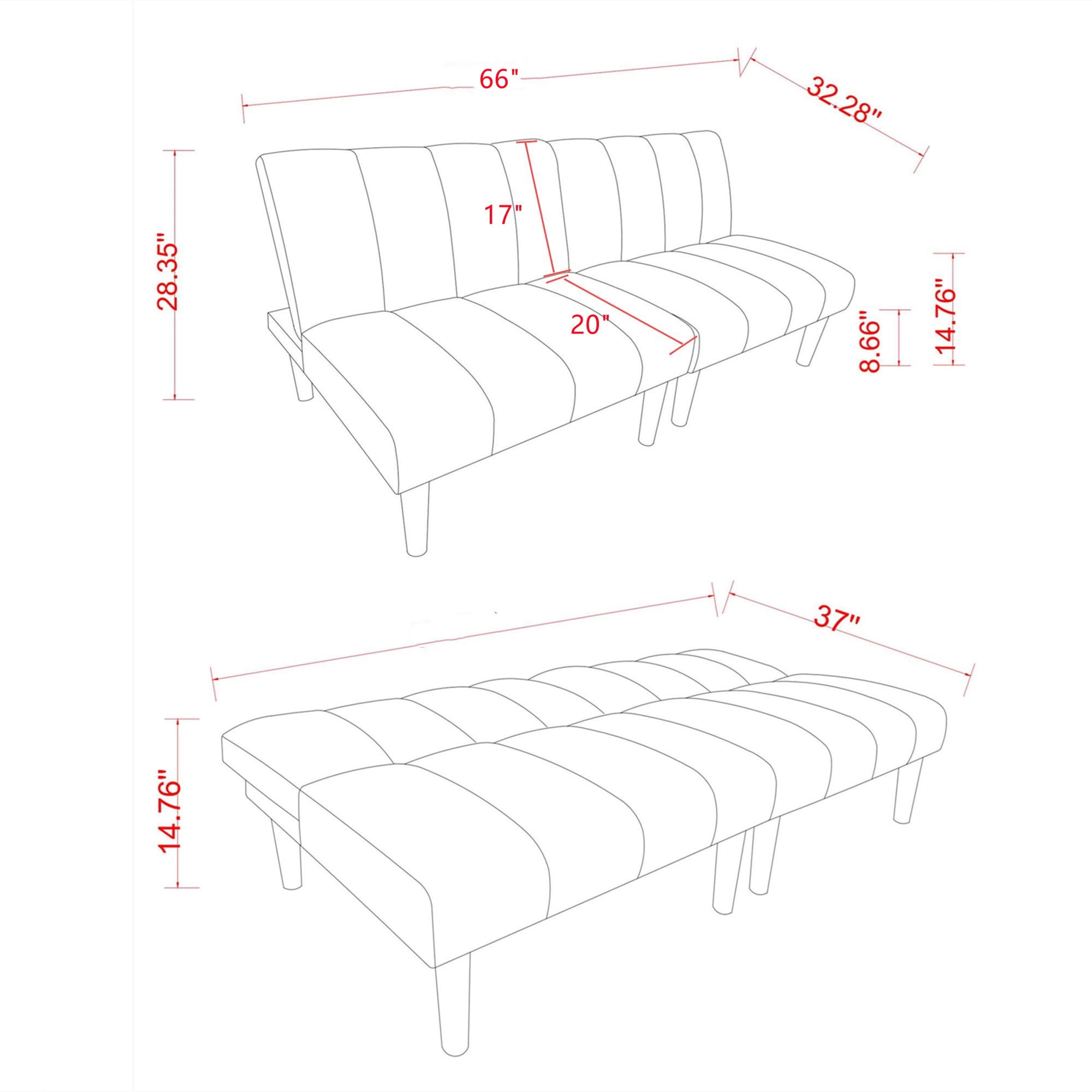 Aukfa Upholstered Futon Convertible Sofa Bed 8 Legs Futon Couch, Corduroy, Black