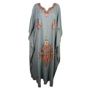 Mogul Womens Maxi Caftan Kashmiri Beautiful Crewel Hand Embroidered Ethnic Indian Beach Cover Up Evening Wear Kimono Sleeve Resort Wear Long Dress