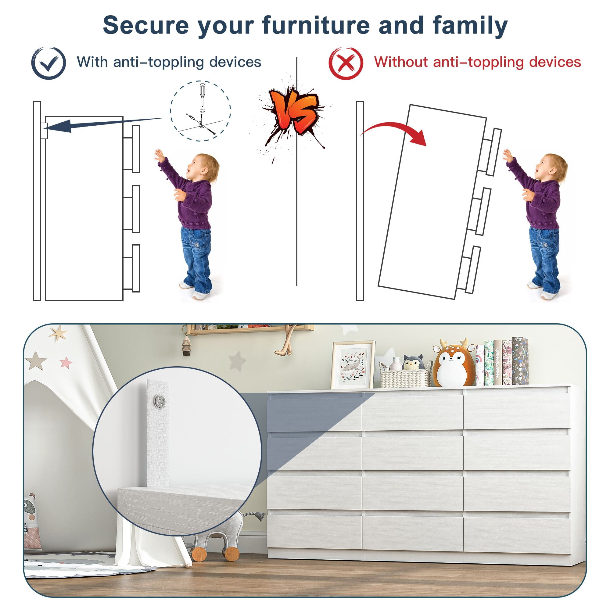 Finihen 12 Drawer Double Dresser, Modern 12 Chest of Drawers with Deep Drawers, Wide Storage Organizer Cabinet for Living Room, Kids, White Finihen 12 Drawer Double Dresser, Modern 12 Chest of Drawers with Deep Drawers, Wide Storage Organizer Cabinet for Living Room, Kids, White